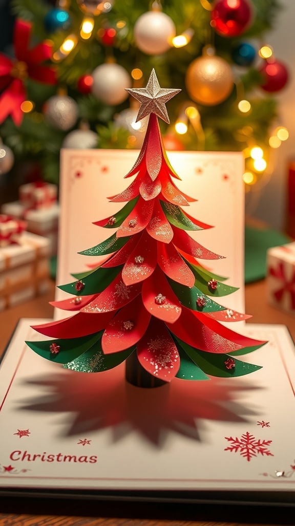A 3D Christmas card with a layered tree design, decorated with glitter and stickers.